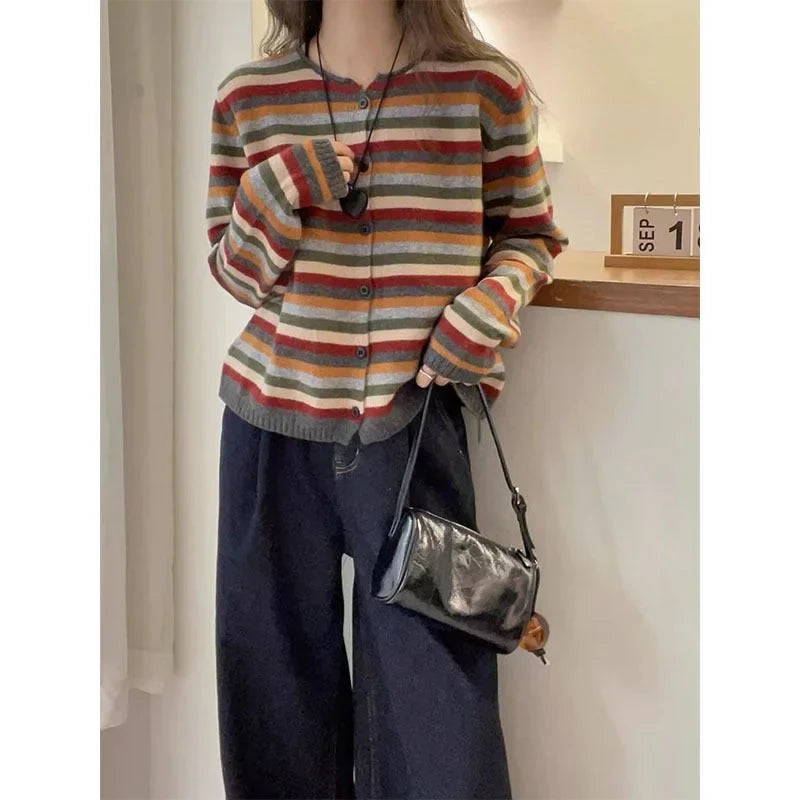 Round Neck Long Sleeve Color Striped Knitted Cardigan