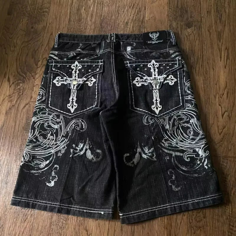 Y2K Denim Shorts Patch Vintage Shorts Street Hip Hop Harajuku Punk Loose High Waist Wide Leg Pants