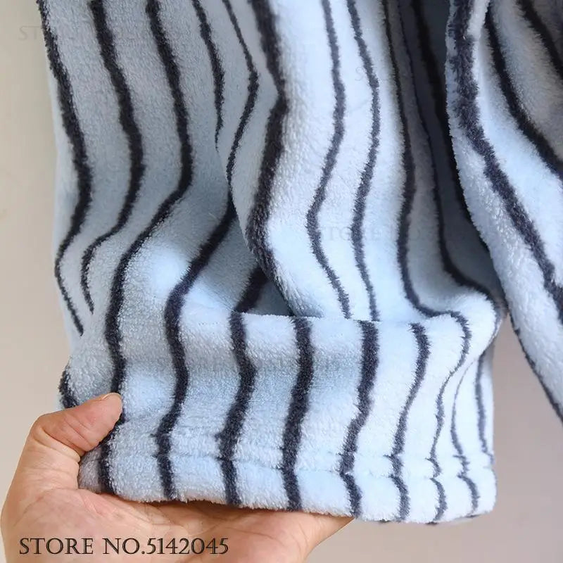 Robe Home Dress Thicken Flannel Bathrobe Kimono Gown Loose Print Stripe Sleepwear Coral Fleece Loungewear