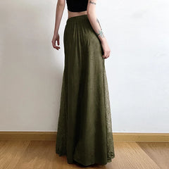 Vintage Suede Nap Lace Patchwork Hem Zip Long Skirt Cyber Y2K Chic Drawstring Pocket A-line Skirts Lady Grunge Streetwear