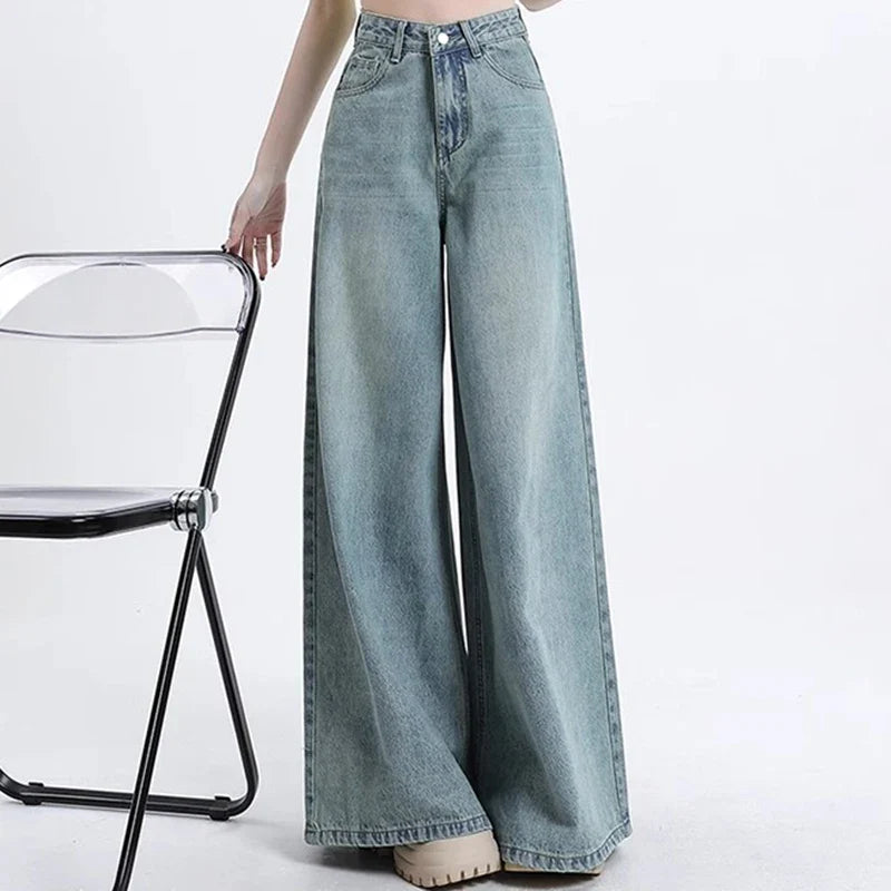 High Waist Korean Slacks Wide Leg Jeans Girls Punk 90s Vintage Denim Straight Leg Pants Light Blue Baggy Trousers