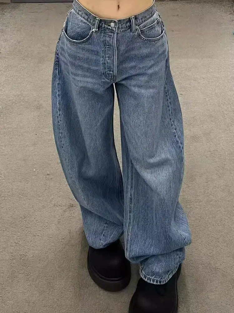 Gradient Casual Blue Jeans Y2K Vintage High Waisted Jeans Straight Streetwear Loose Large Wide Leg Denim Pants