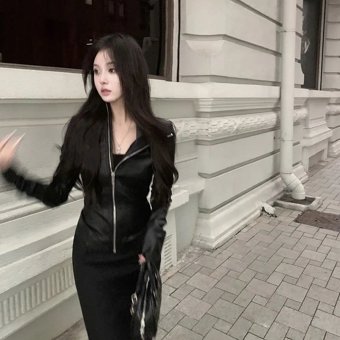 Black Slim Long Sleeve Girl Leather Jacket Darkly Gothic Zipper Thin Skinny Coat Hepburn Y2k Vintage Clothes