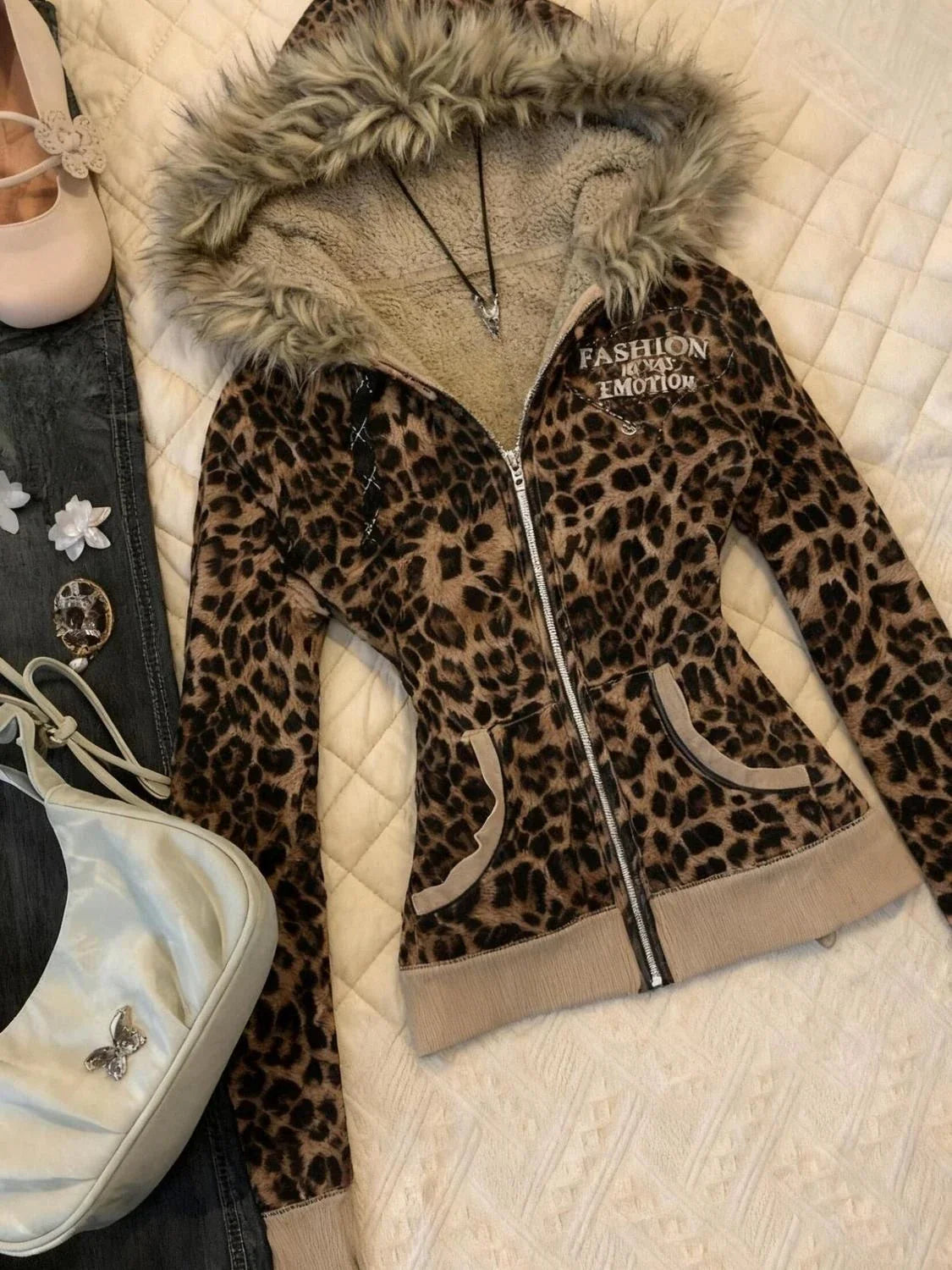 Y2K Girl Harajuku Vintage Leopard Print Slim Fit Sweatshirt Gothic Fur Collar Zipper Long Sleeve Hoodie