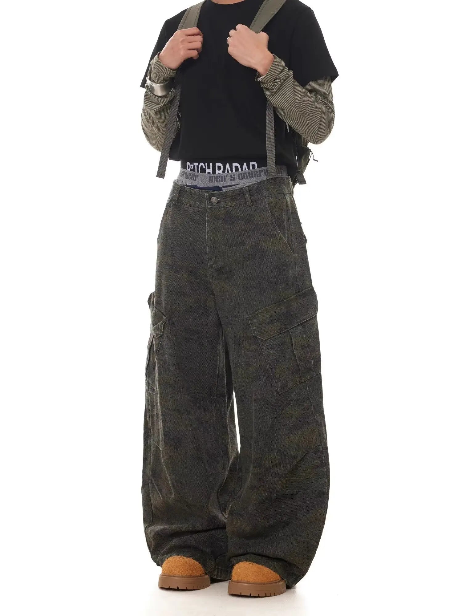 Relaxed Wide-Leg Scissor-Cut Casual Pants American Vintage Multi-Pocket Camouflage Silhouette Curved-Leg Jeans