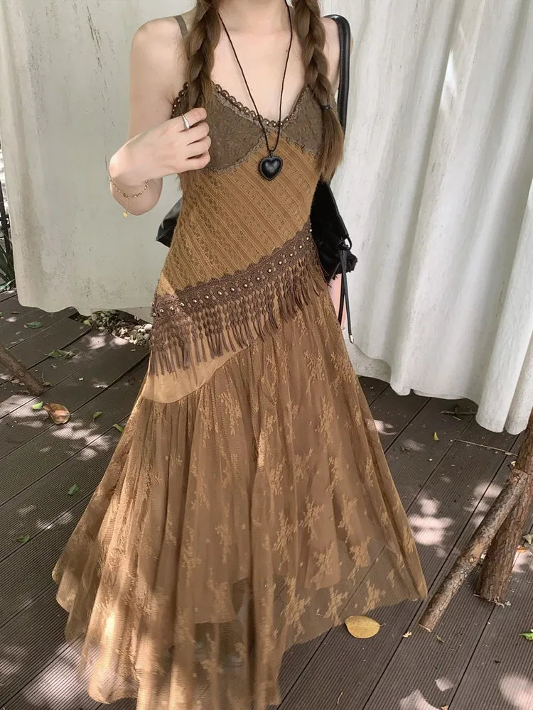 Korean style Ethnic Irgular Spaghettic Strap Fairy Boho Hippie Dress Tassel Mesh Stitching Spice Beach Slim Dress
