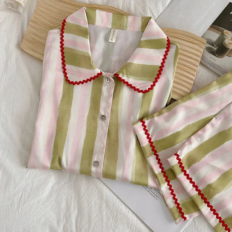 Japanese Sleepwear Pajamas Long Sleeve Pajamas Set Ladies Satin Cute Home Clothes Two Piece Set