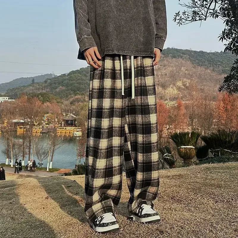 Vintage American Style Tweed Plaid Pants Loose Straight Wide Leg Casual Trousers Trendy Brand Punk Rock Streetwear