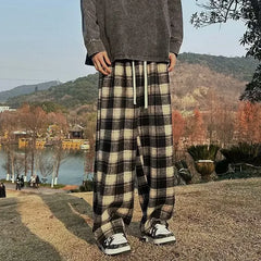 Vintage American Style Tweed Plaid Pants Loose Straight Wide Leg Casual Trousers Trendy Brand Punk Rock Streetwear