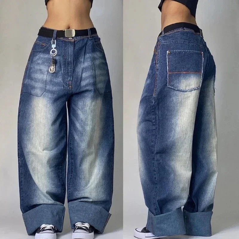 Y2k Hip Hop American Wide Leg Pants Gothic Zipper Skull Embroidered Jeans Harajuku Vintage High Waist Casual Jeans Unisex