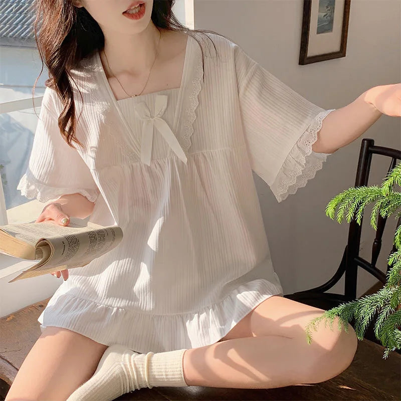 Palace Style Pajamas Ladies Loungewear Set Short-Sleeved with Cushion Korean Small Sweet Girlfriends Loungewear Set