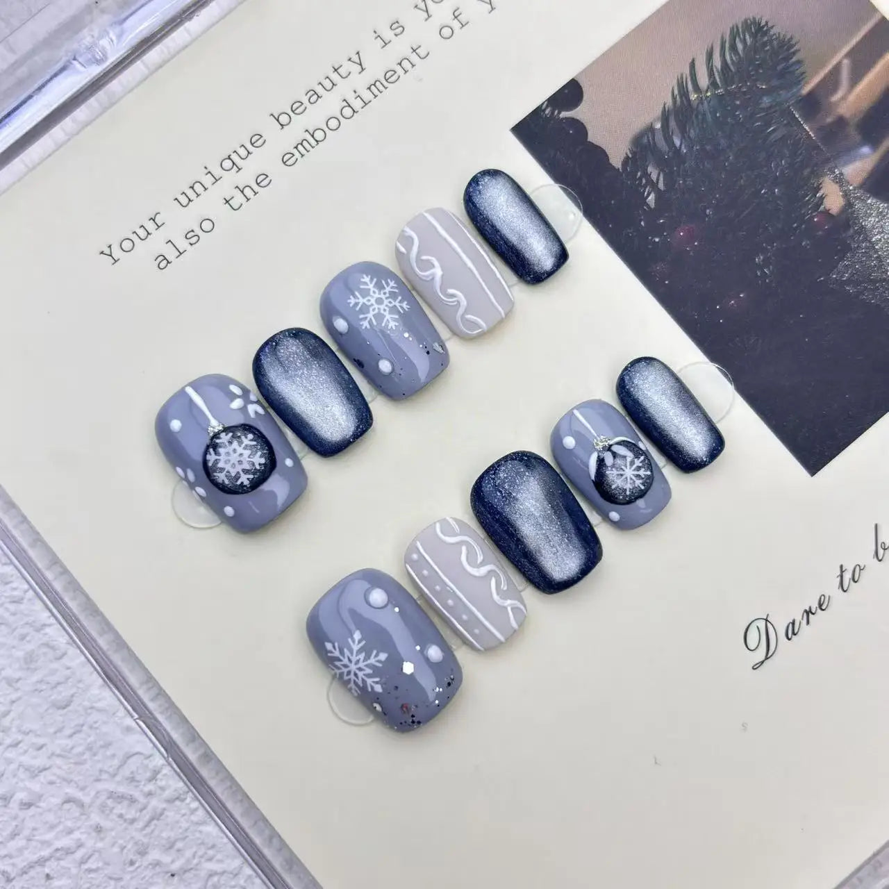 10pcs Handmade Press on Nails Christmas Frozen Blue Cat-Eye Full Coverage Nail Tips