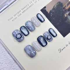 10pcs Handmade Press on Nails Christmas Frozen Blue Cat-Eye Full Coverage Nail Tips