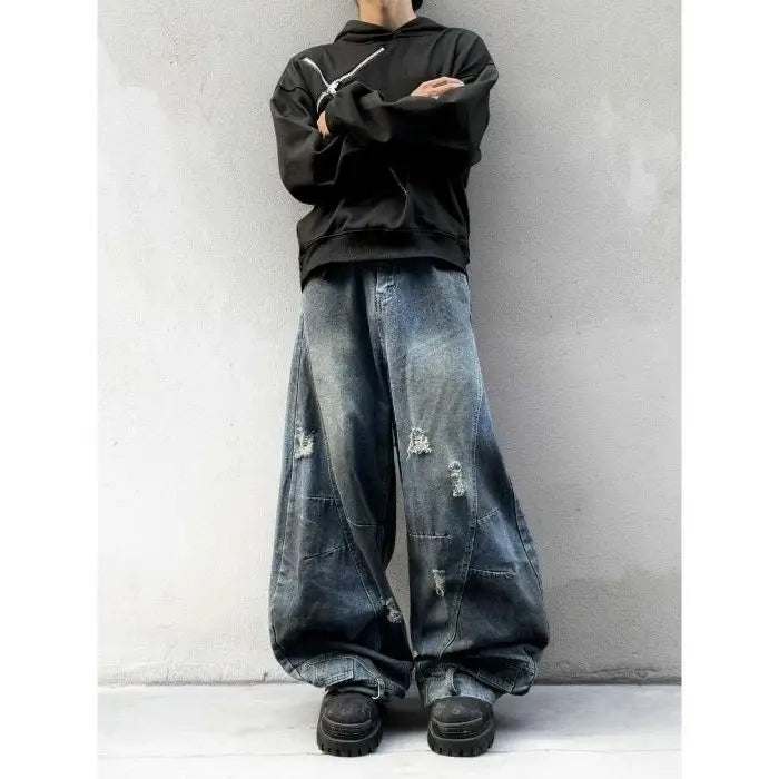 98% Cotton Jeans American Y2k Streetwear Hole Patchwork Design Denim Pants Youth Straight Baggy Stretch Jeans