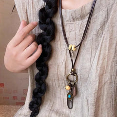 Chinese Style Feather Leaf Pendant Necklace Vintage Ethnic Double Layered Long Wax Ropse Sweater Chain Jewelry Gift