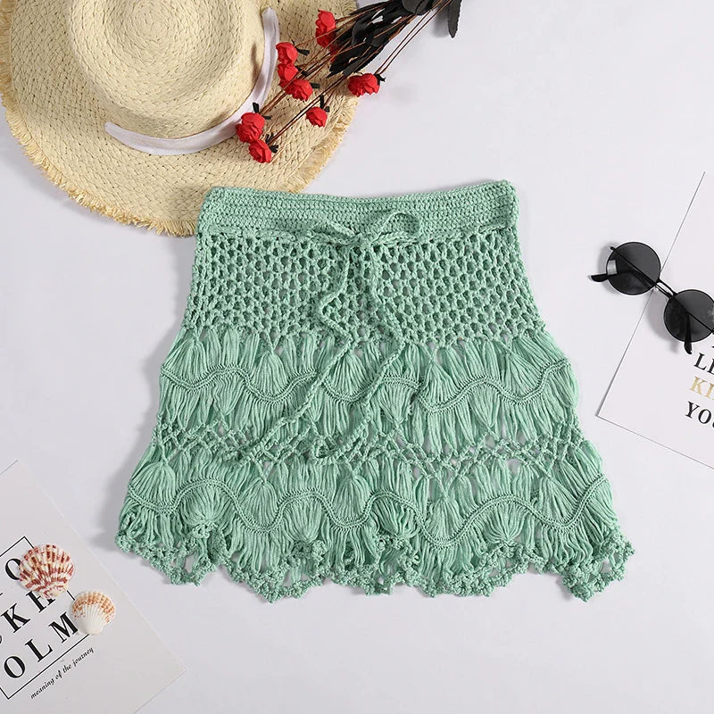 Handmade Crochet Hollow Out Swimwear Cover Up Solid Color Drawstring Short Skirt Holiday Knitting Sweet Beachwear