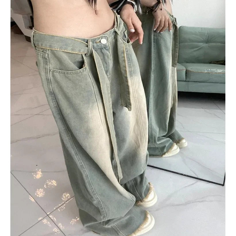Retro American Denim Jeans High Waist Wide Leg Pants Vintage Washed Design Slimming Effect Style