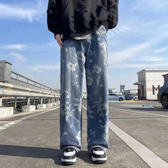 Printed Jeans Korean Styles Floral Denim Pant High Street Loose Straight Couples Trousers baggy hosen herren