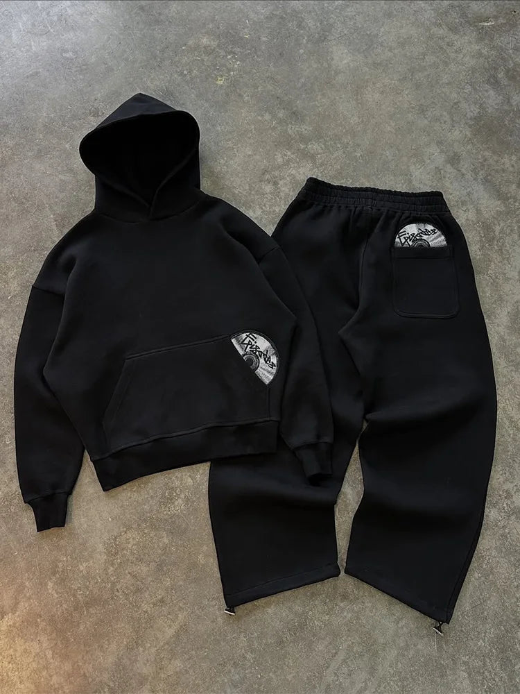 Trendy High Street Retro Casual Streetwear Sports Suit Y2K Harajuku Embroidered Hoodie Hip-hop Loose Sweatpants