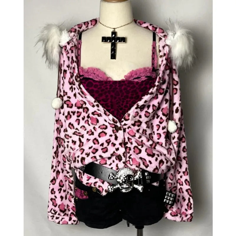 Y2k kawaii pink leopard print plush warm zipper sweatshirt high street Harajuku cute casual zipper hoodie