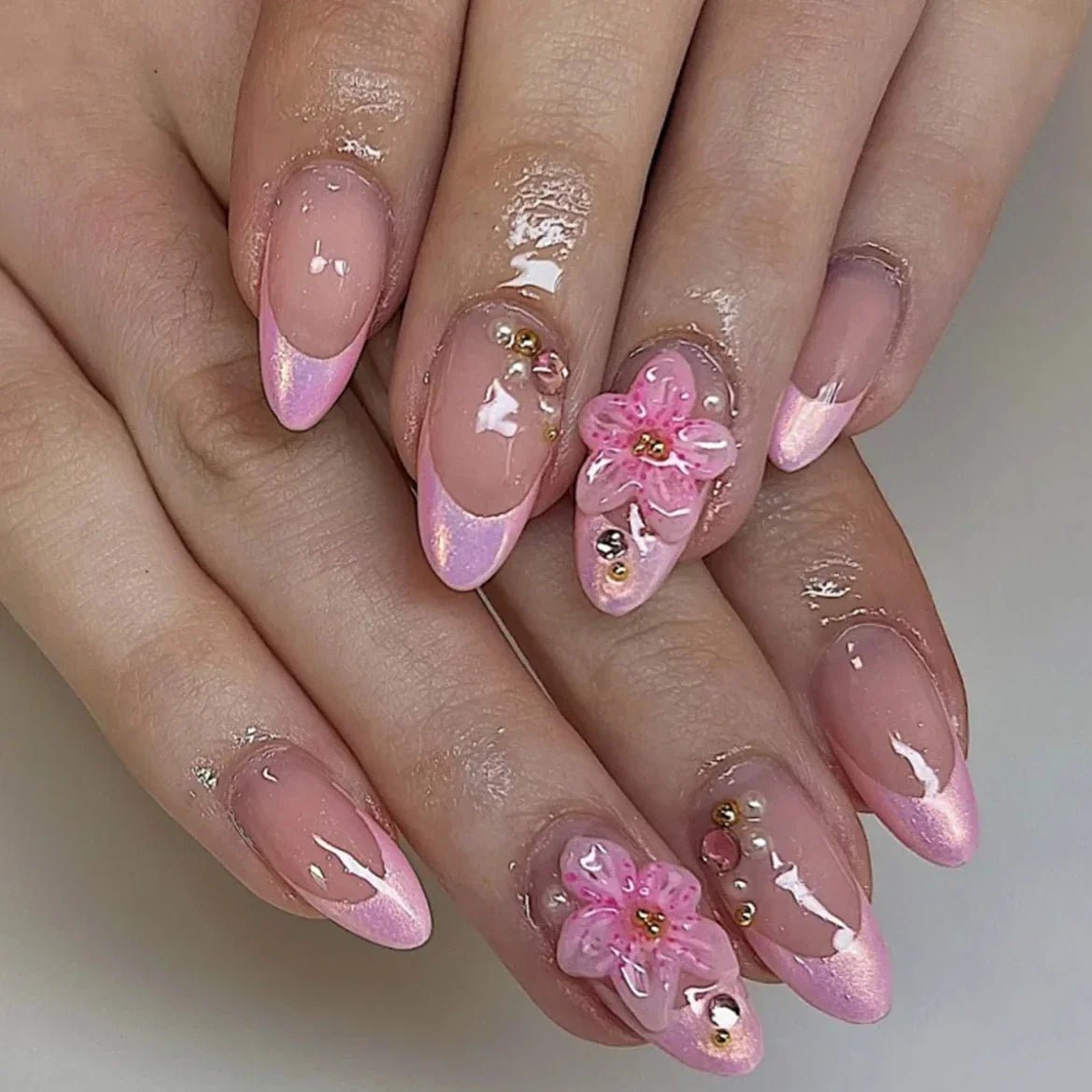 Pink Yellow Halo Dyeing Flower Water Ripple False Nails Leopard Long Pointed Fake Nails Art Press on Nails Charm Manicure