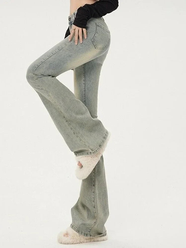 Ins Korean High Waist Flared Jeans High Street Boot Cut Pants Lady Y2k 2000s Yellow Denim Bell Bottom Trousers