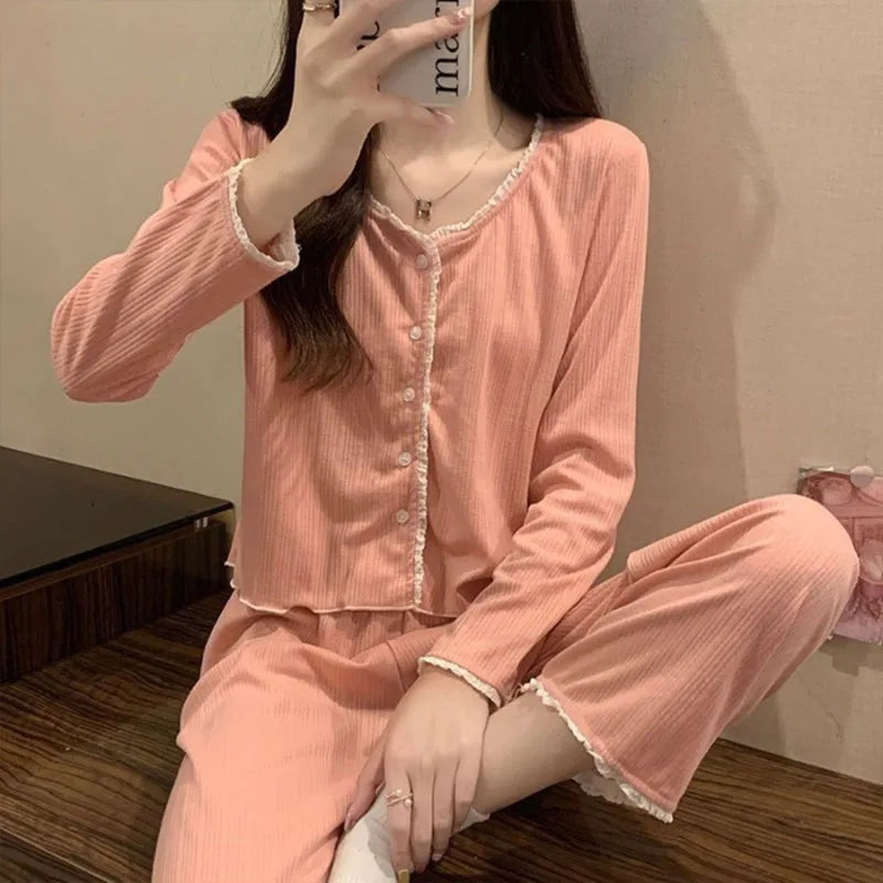 Floral Long Sleeve Fitting Sleepwear Two-piece Set Lace Trim Cotton Pajama Cute Casual Outable Home Suit Set