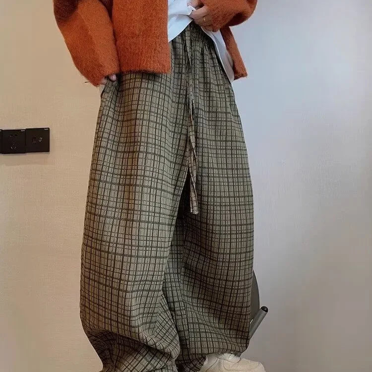 Retro American Canvas Straight Leg Pants Fine Plaid Design Sensation Small Audience Wide Leg Casual Trousers