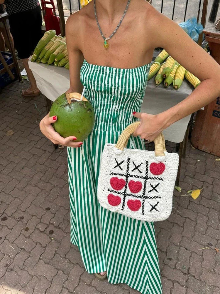 Green Striped Stripless Dress Casual Off Shoulder Backless Maxi Dress Beach Holiday Party Dress Outfits