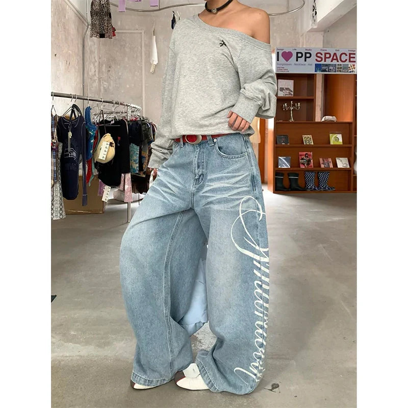 Blue Y2k Baggy Boyfriend Jeans Harajuku Vintage Wide Leg Denim Trousers Japanese Jeans Oversize Clothes