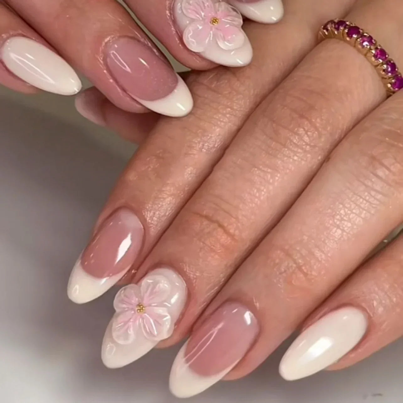 Pink Yellow Halo Dyeing Flower Water Ripple False Nails Leopard Long Pointed Fake Nails Art Press on Nails Charm Manicure