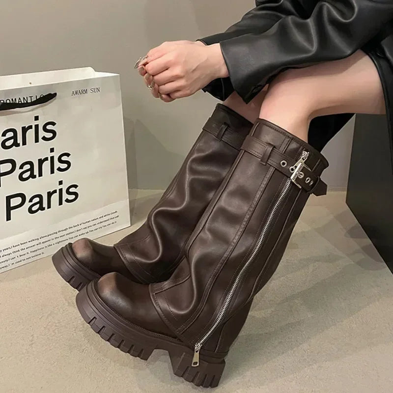 Biker Boots Belt Buckle Ladies Elegant Platform Long Pipe Booties Casual Knee High Booties