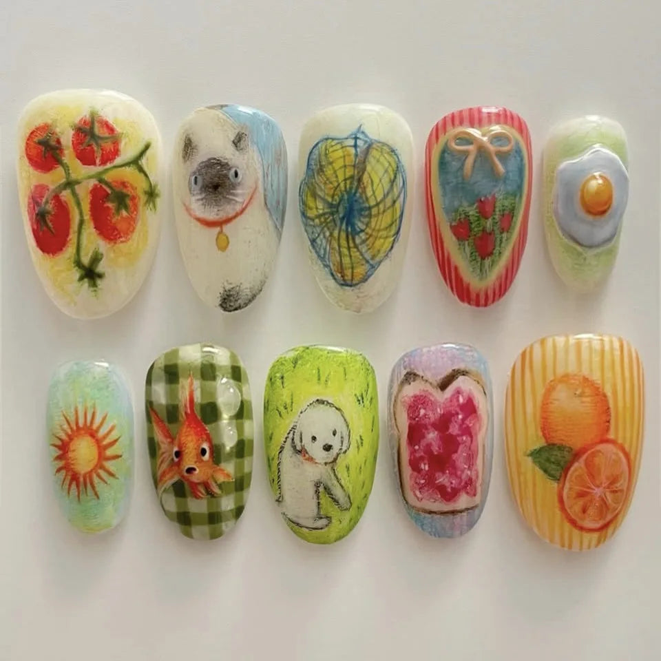 24pcs Cute Cartoon Fake Nail Tips Oil Painting Series Printed Almond Press On Nail Sweet Cool Charming False Nail