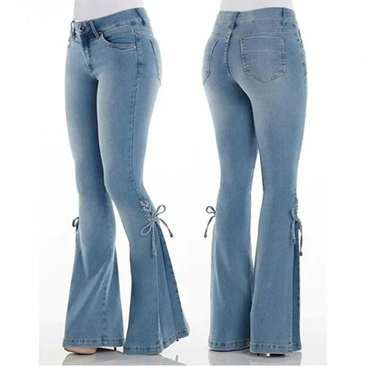 Full Length Flare Pants Jean Washed Denim Pants Zipper Fly Loose Fit Pockets High Waist Basics Lace Up Vintage Solid