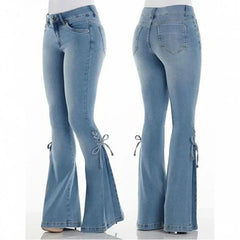 Full Length Flare Pants Jean Washed Denim Pants Zipper Fly Loose Fit Pockets High Waist Basics Lace Up Vintage Solid