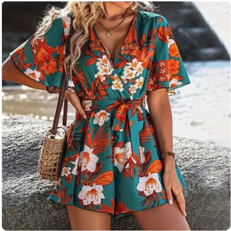 Printed V-neck Short Sleeve Jumpsuit Loose High Waisted Jumpsuit Beach Vacation Comfortable Clothes