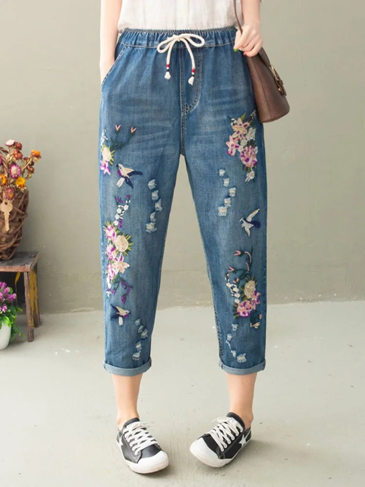 AmaxluluE Vintage Floral Loose Denim Pants Chinese Style Casual Ripped Blue Jeans Holes Elastic Harem Trousers