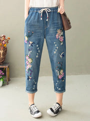 AmaxluluE Vintage Floral Loose Denim Pants Chinese Style Casual Ripped Blue Jeans Holes Elastic Harem Trousers