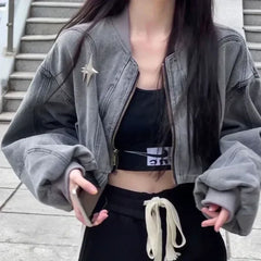 Grey Denim Jackets Y2k Cross Crop Oversize Zip Jackets Coat Hippie Streetwear 90s Harajuku Clothing