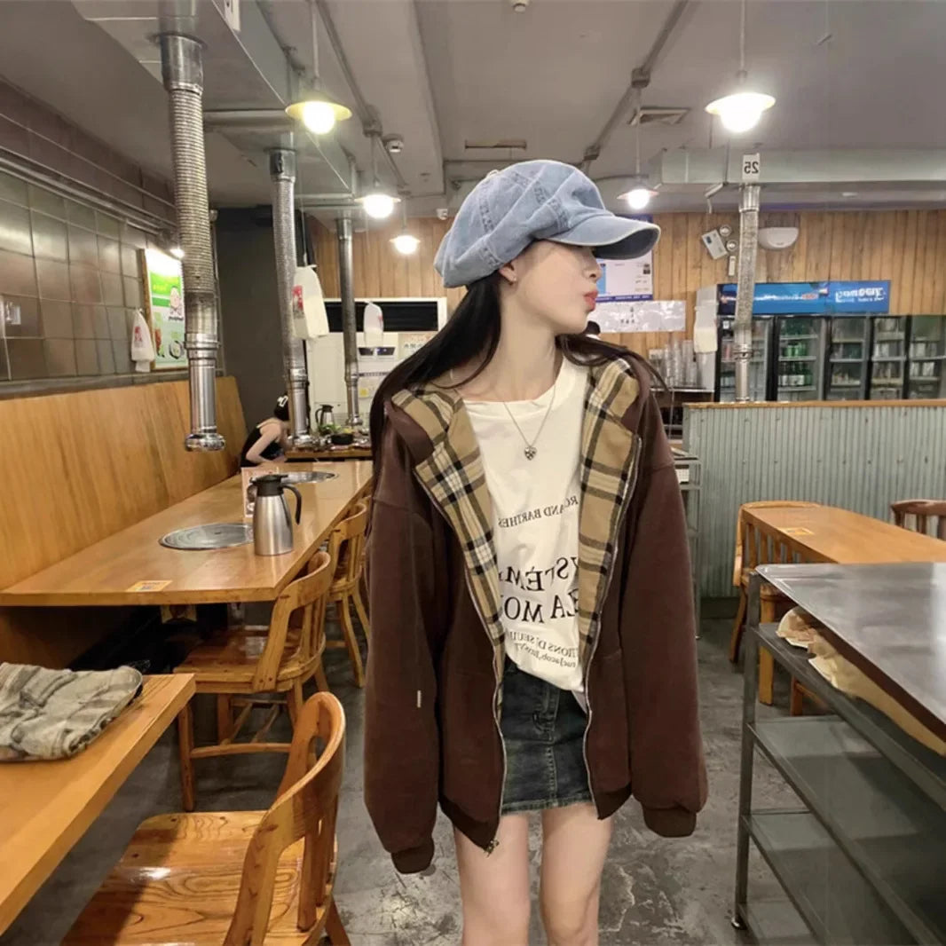 Retro American Plaid Splicing Hoodie Oversize Loose Lazy Style Open Cardigan Coat Polyester Fiber