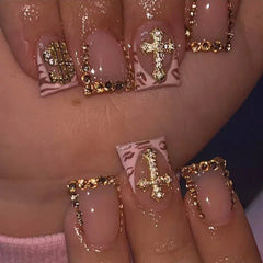 10PCS Diamond French Pointed Nail Short Square Nail Nude Fake Nail With Gold Glitter Diamond Nail Leopard Print Fake Nail