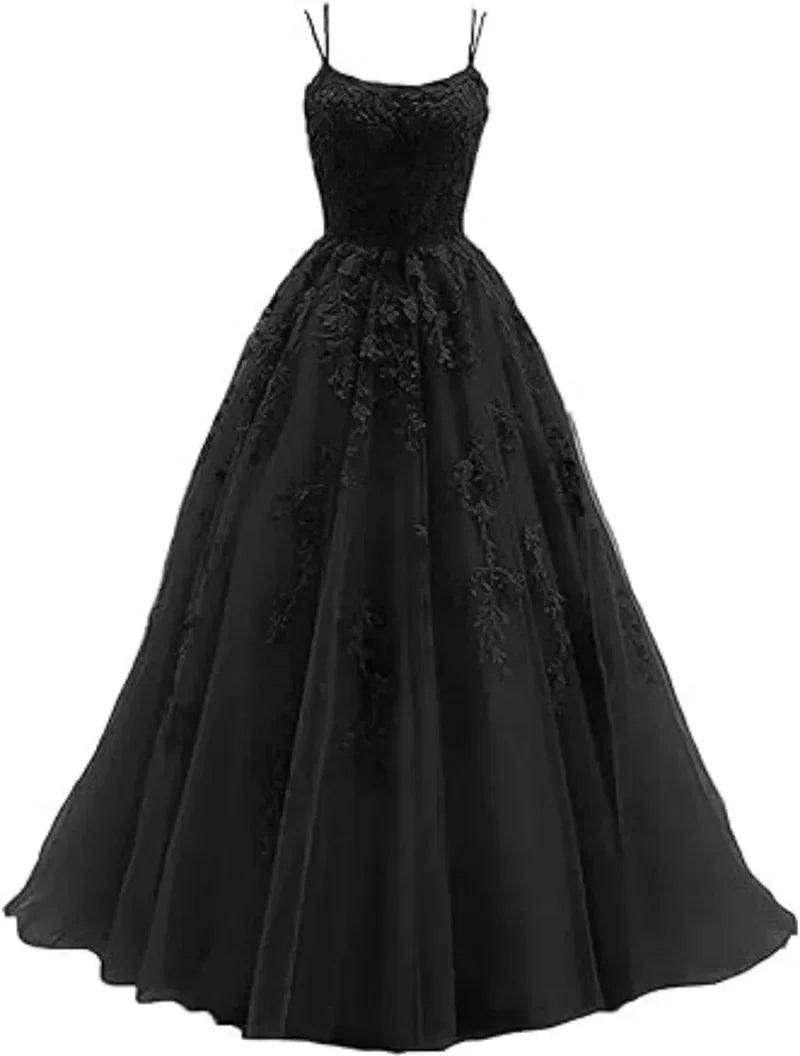 Tulle Spaghetti Straps Prom Dresses Long Lace Appliques Ball Gowns