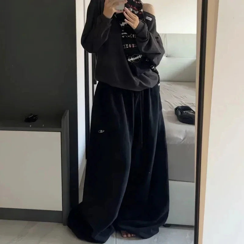American Black Retro Hip-Hop Oversized Casual Sweatpants Korean Streetwear Loose High Waist Jogging Wide Leg Pants