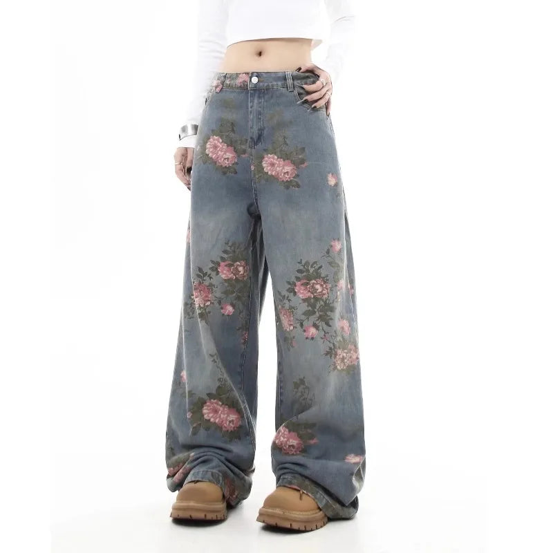 Blue Flower Baggy Jeans Y2K Japanese Harajuku High Street High Waist Wide Leg Retro Jeans Clothing