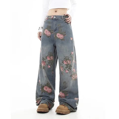 Blue Flower Baggy Jeans Y2K Japanese Harajuku High Street High Waist Wide Leg Retro Jeans Clothing