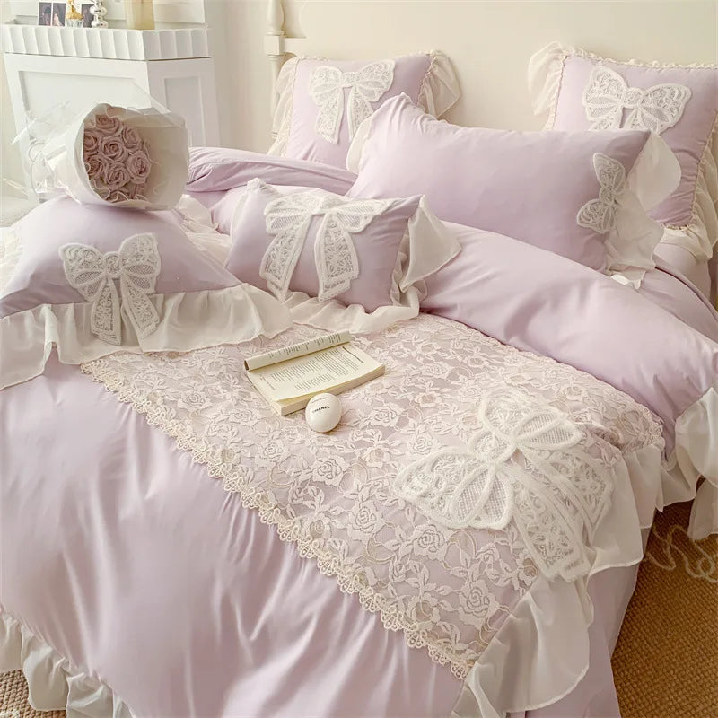 Three-dimensional Embroidery Lace Washed Cotton Quilt Cover Chiffon Soft /Breathable Bed Sheet Bedding Four Piece Set