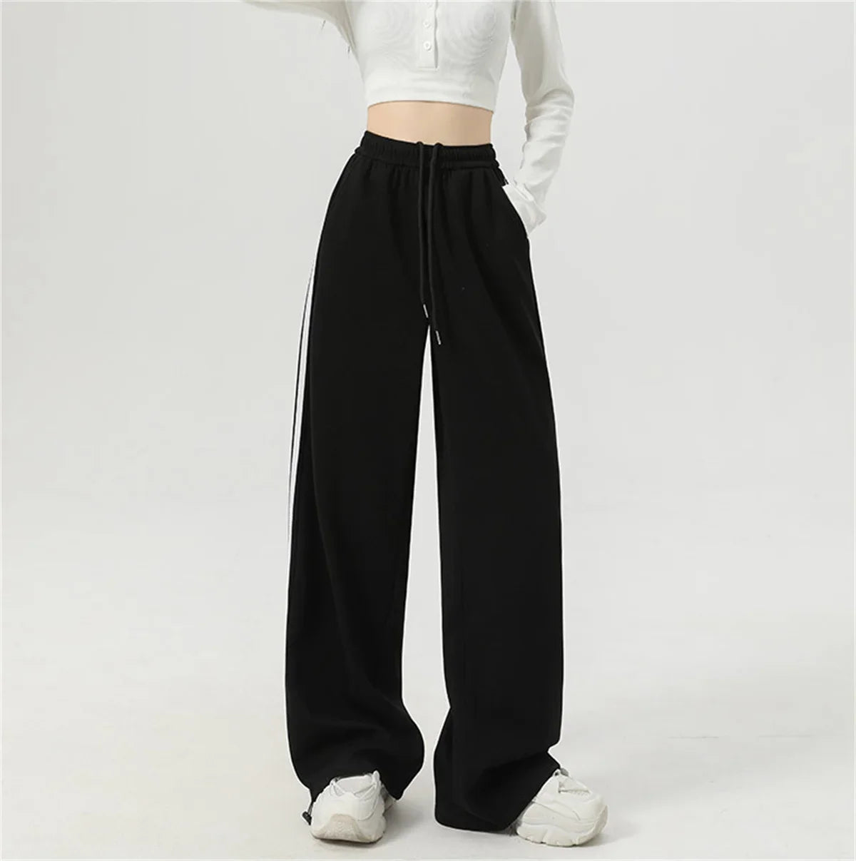 Stripe Chic Straight Pant Retro Sports Sweatpants High Waist Color Blocked Trouseres Lady Casual Streetwear