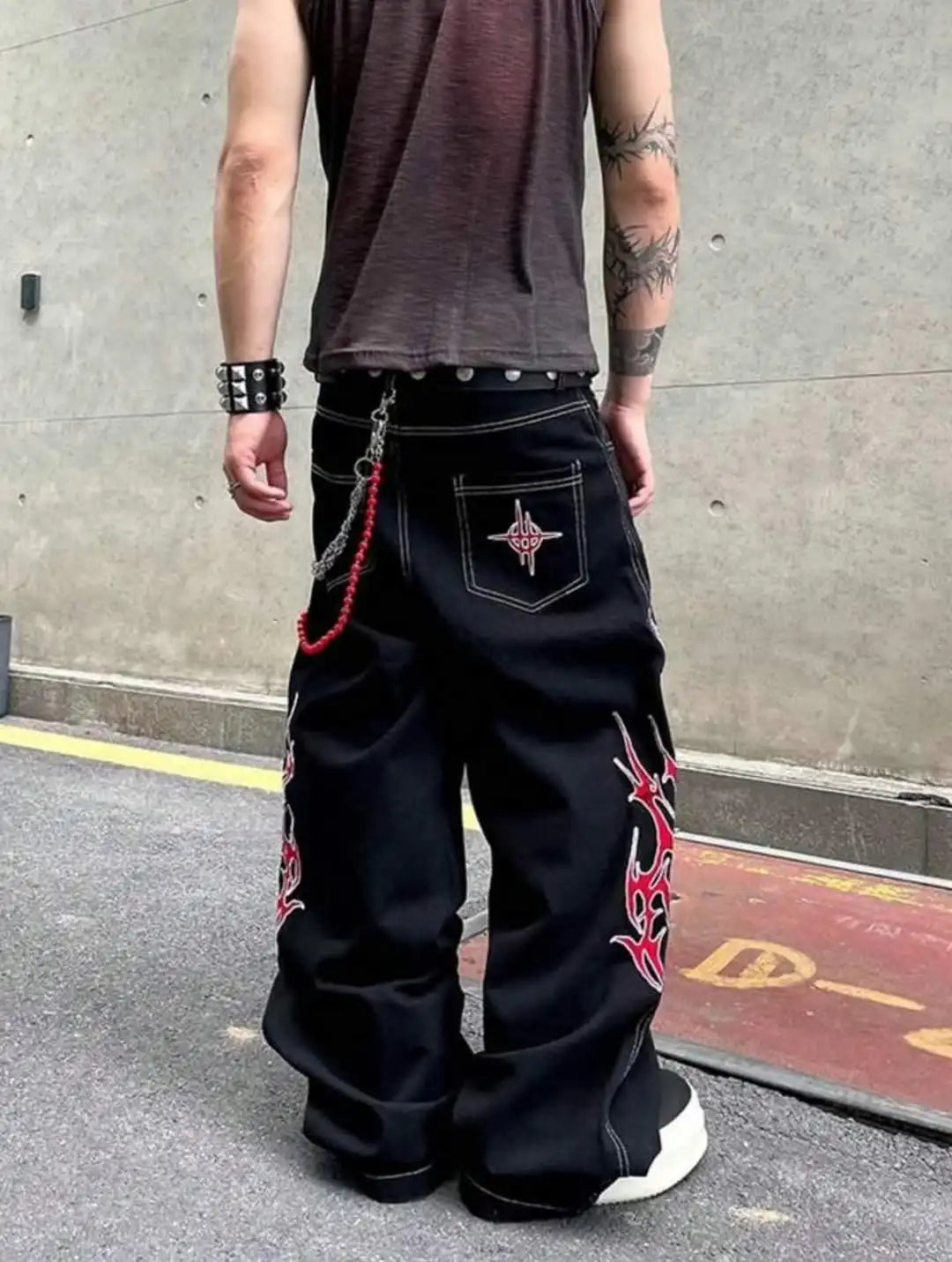 Y2K Street Jeans Harajuku Hip Hop Retro Loose Red Stripe Printing BaggyJeans Pants Gothic Wide Trousers