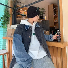 Retro Denim Jacket Design Patchwork Color Block Collar Stand up Loose Fit Casual Trendy Top