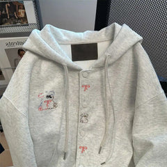 Vintage Cute Dog Print Sweatshirt Open Cardigan Loose College Style Casual Match Hat Hoodie Jacket